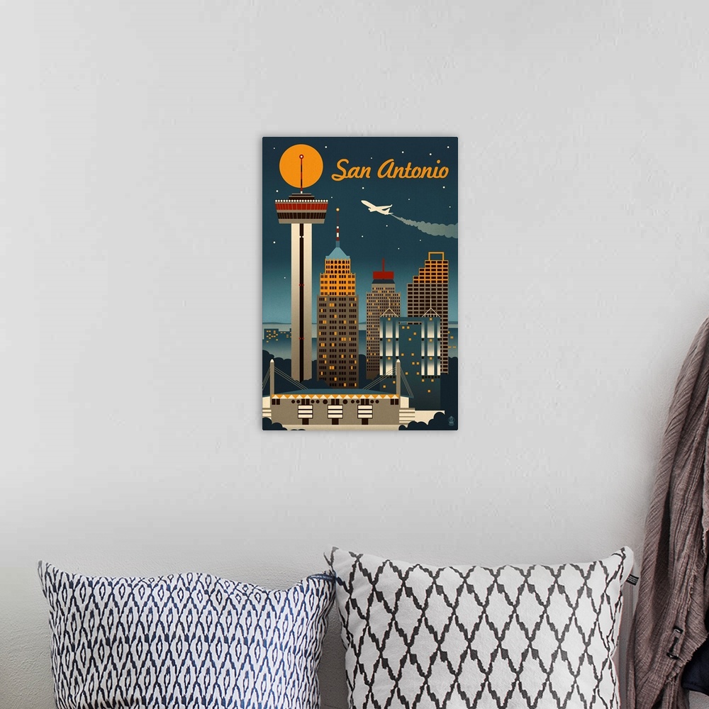 A bohemian room featuring San Antonio, Texas - Retro Skyline: Retro Travel Poster