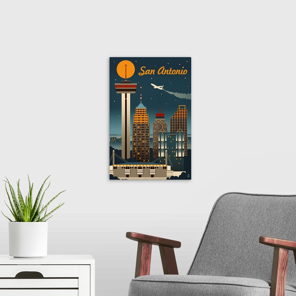 A modern room featuring San Antonio, Texas - Retro Skyline: Retro Travel Poster