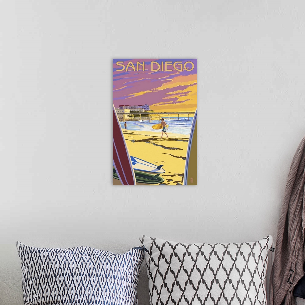 A bohemian room featuring San Diego, California - Beach and Pier: Retro Travel Poster