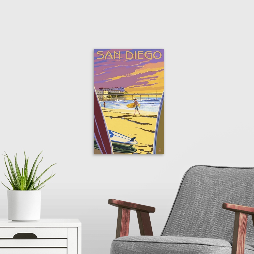 A modern room featuring San Diego, California - Beach and Pier: Retro Travel Poster