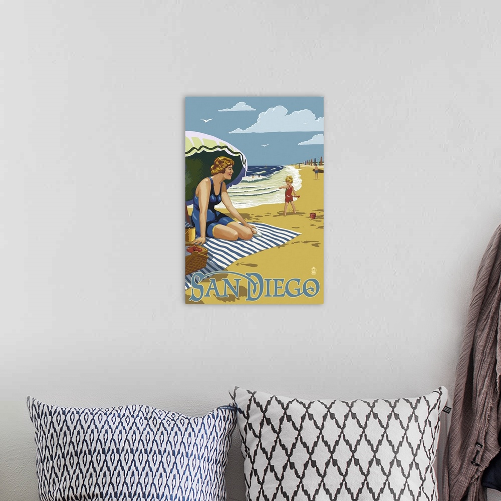 A bohemian room featuring San Diego, California - Beach Scene: Retro Travel Poster