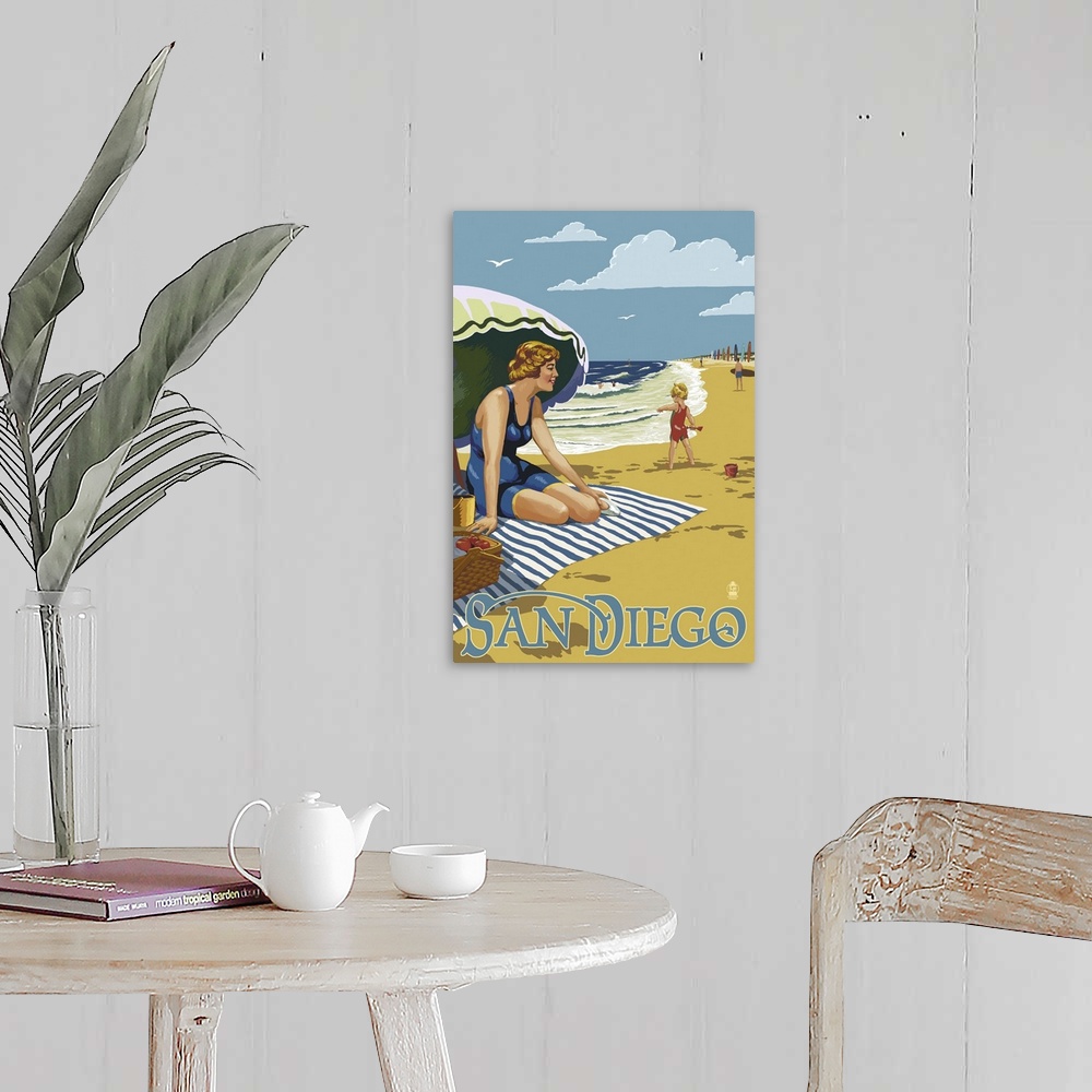 A farmhouse room featuring San Diego, California - Beach Scene: Retro Travel Poster