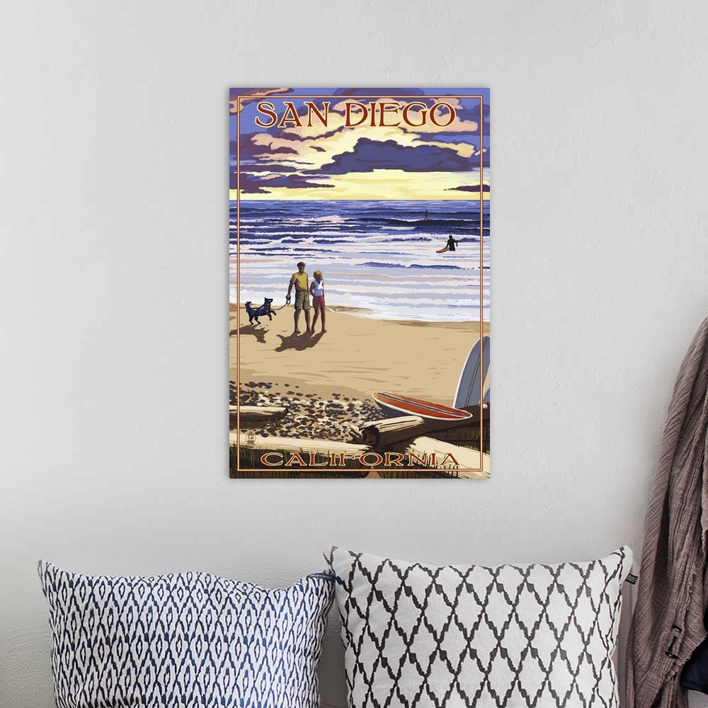 A bohemian room featuring San Diego, California Beach Walk and Surfers: Retro Travel Poster