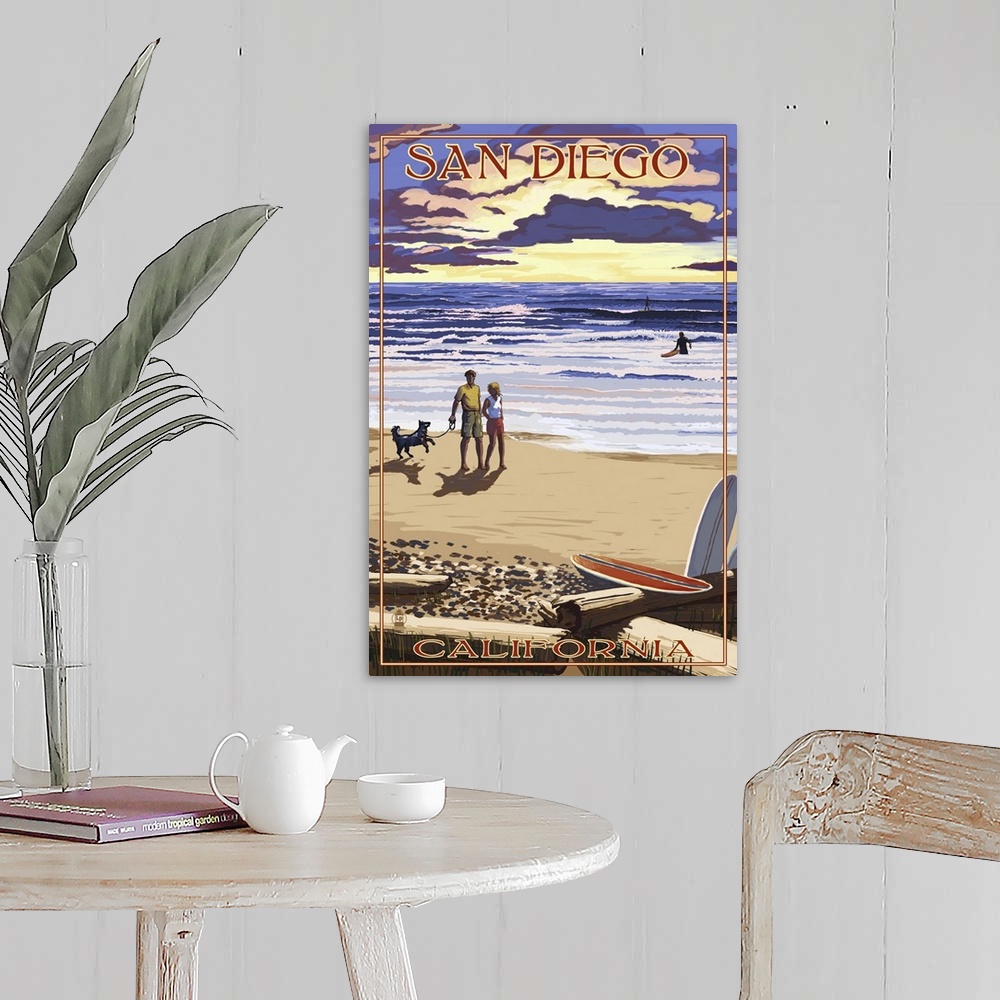 A farmhouse room featuring San Diego, California Beach Walk and Surfers: Retro Travel Poster
