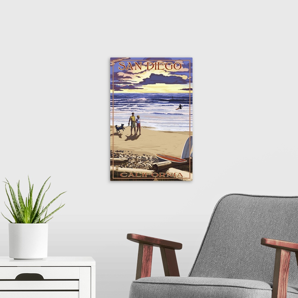 A modern room featuring San Diego, California Beach Walk and Surfers: Retro Travel Poster
