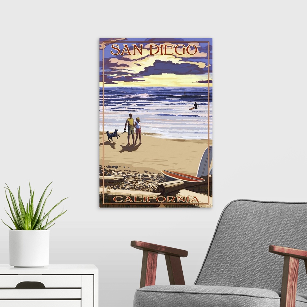 A modern room featuring San Diego, California Beach Walk and Surfers: Retro Travel Poster