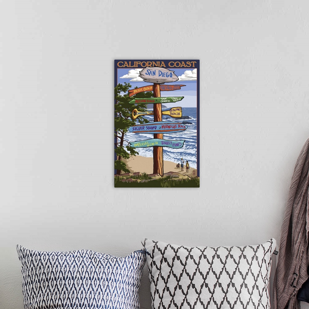 A bohemian room featuring San Diego, California - Destination Sign: Retro Travel Poster