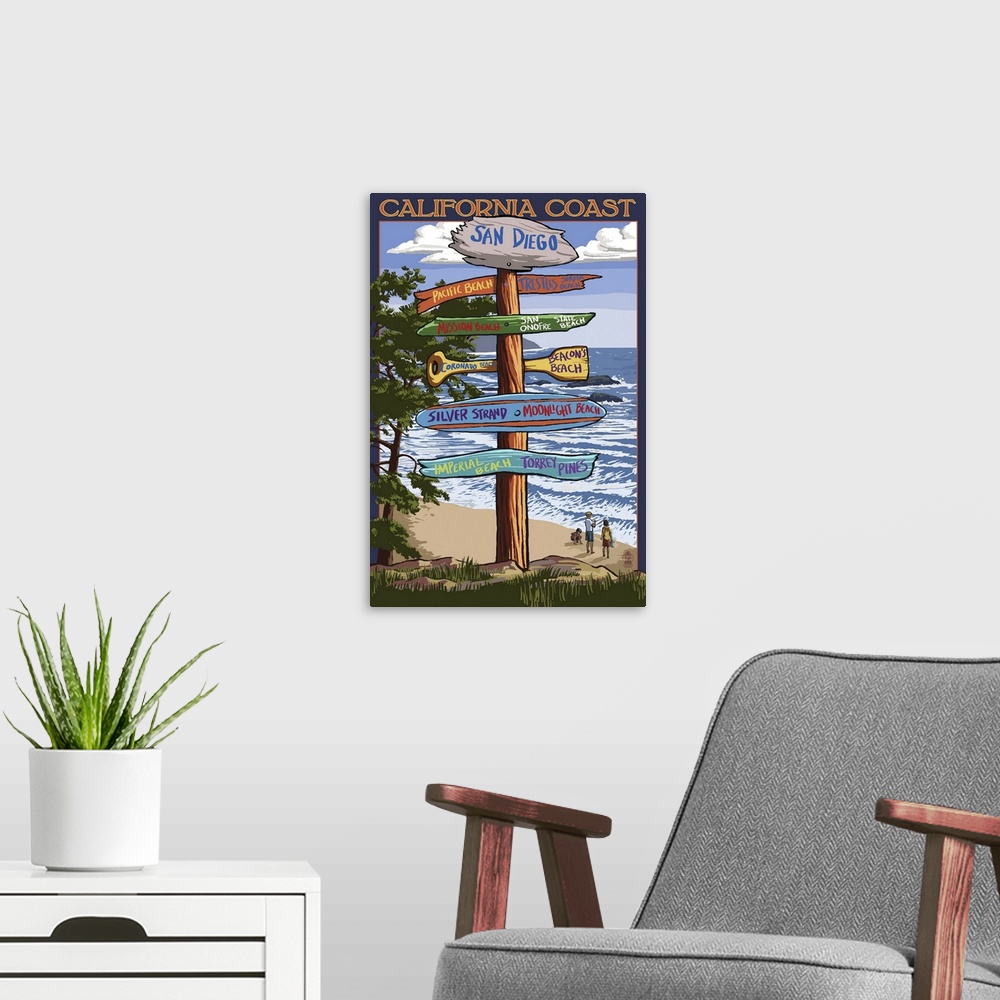 A modern room featuring San Diego, California - Destination Sign: Retro Travel Poster