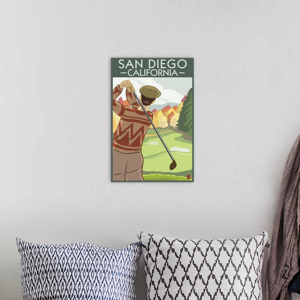 A bohemian room featuring San Diego, California - Golfer: Retro Travel Poster