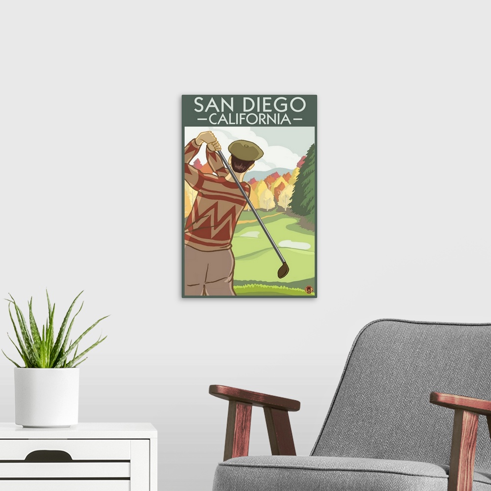 A modern room featuring San Diego, California - Golfer: Retro Travel Poster