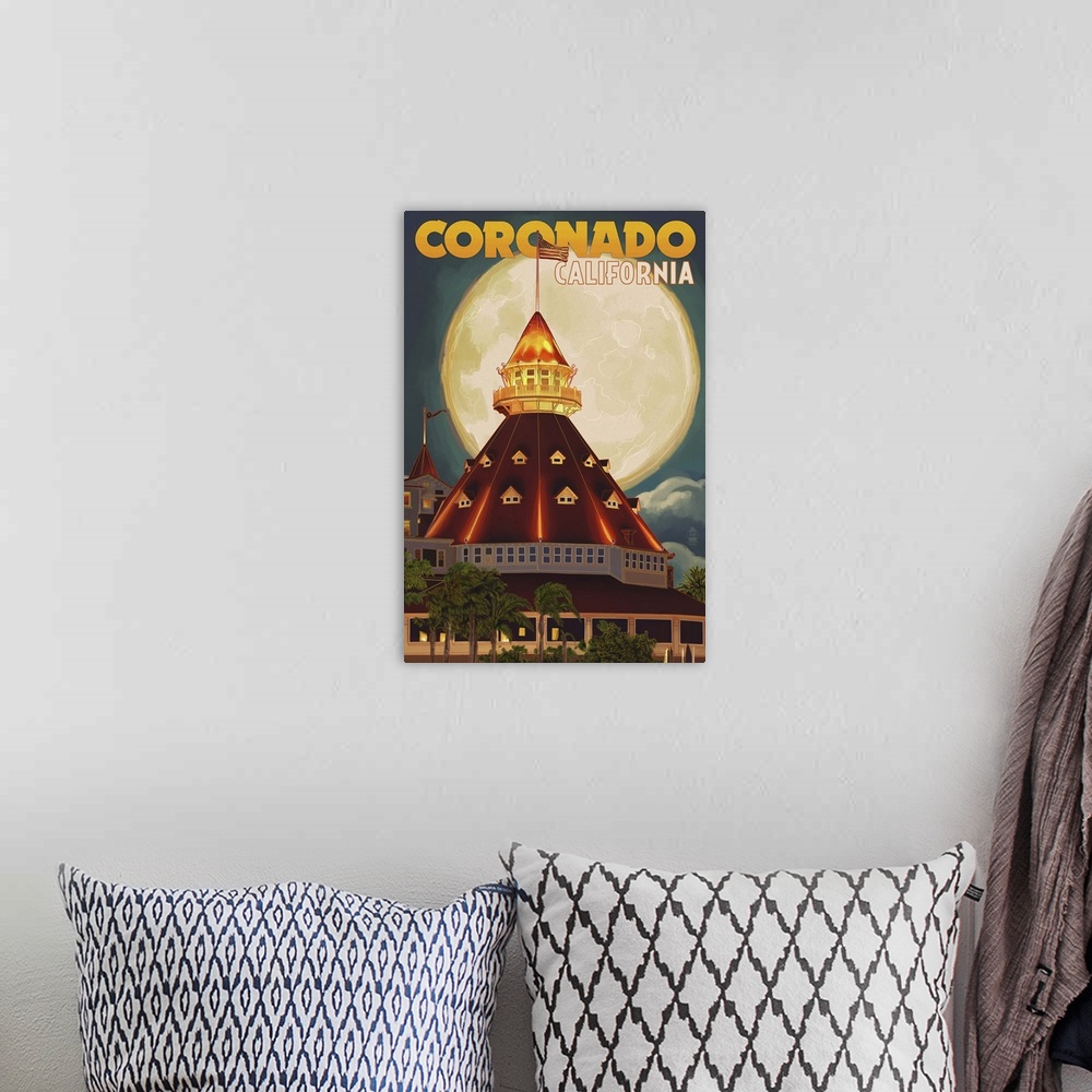 A bohemian room featuring San Diego, California - Hotel Del Coronado and Moon: Retro Travel Poster