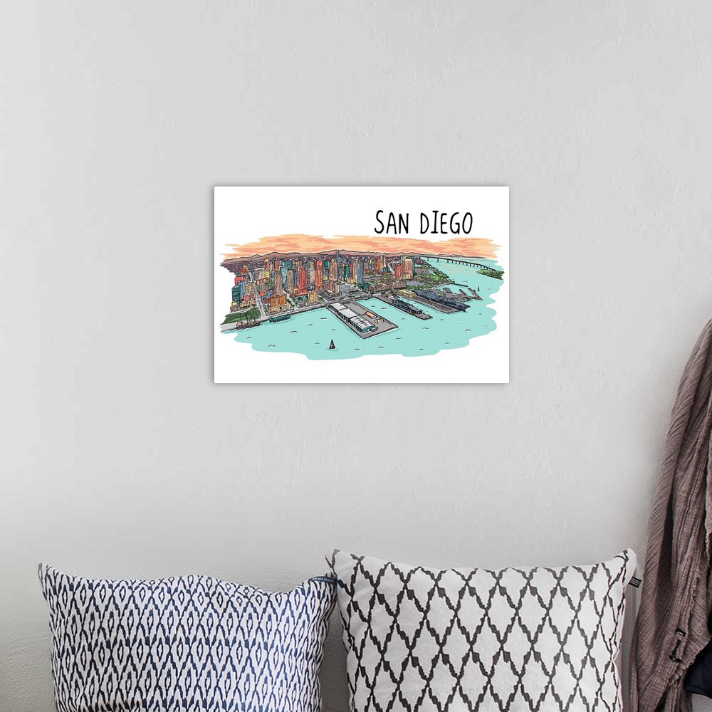 A bohemian room featuring San Diego, California - Line Drawing