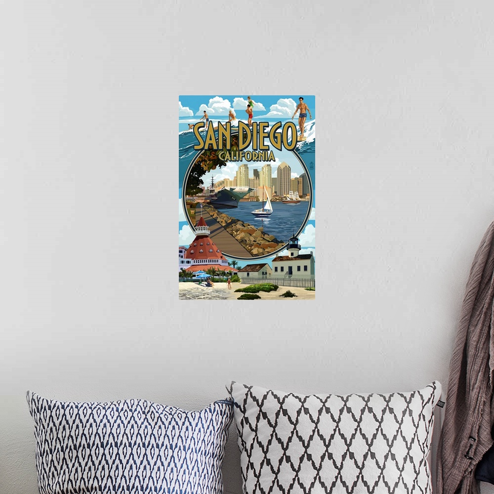 A bohemian room featuring Retro stylized art poster of a montage of scene from a coastal town.