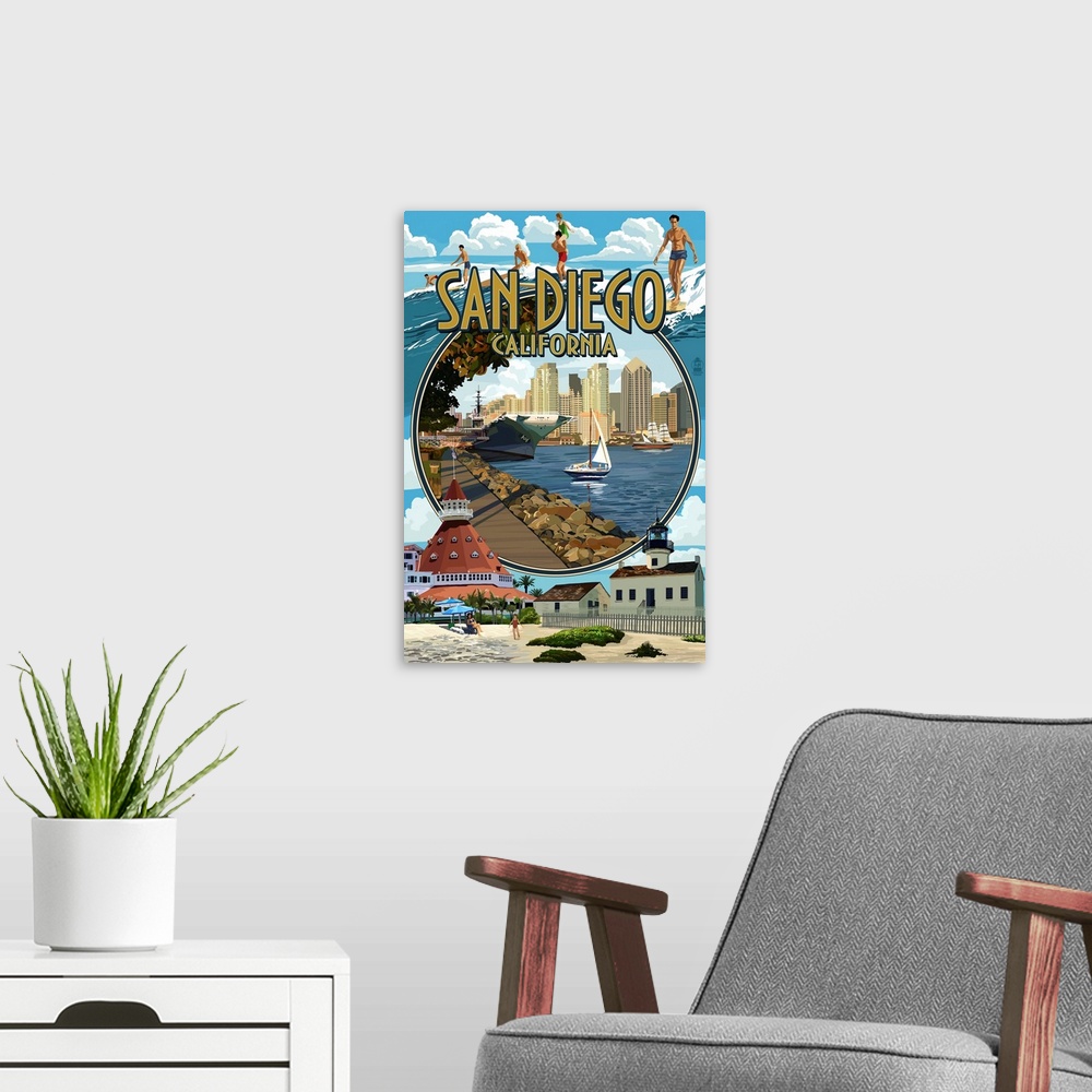 A modern room featuring Retro stylized art poster of a montage of scene from a coastal town.