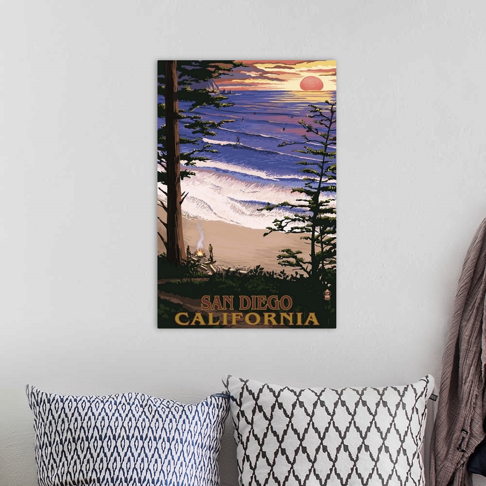 A bohemian room featuring San Diego, California - Ocean and Sunset: Retro Travel Poster