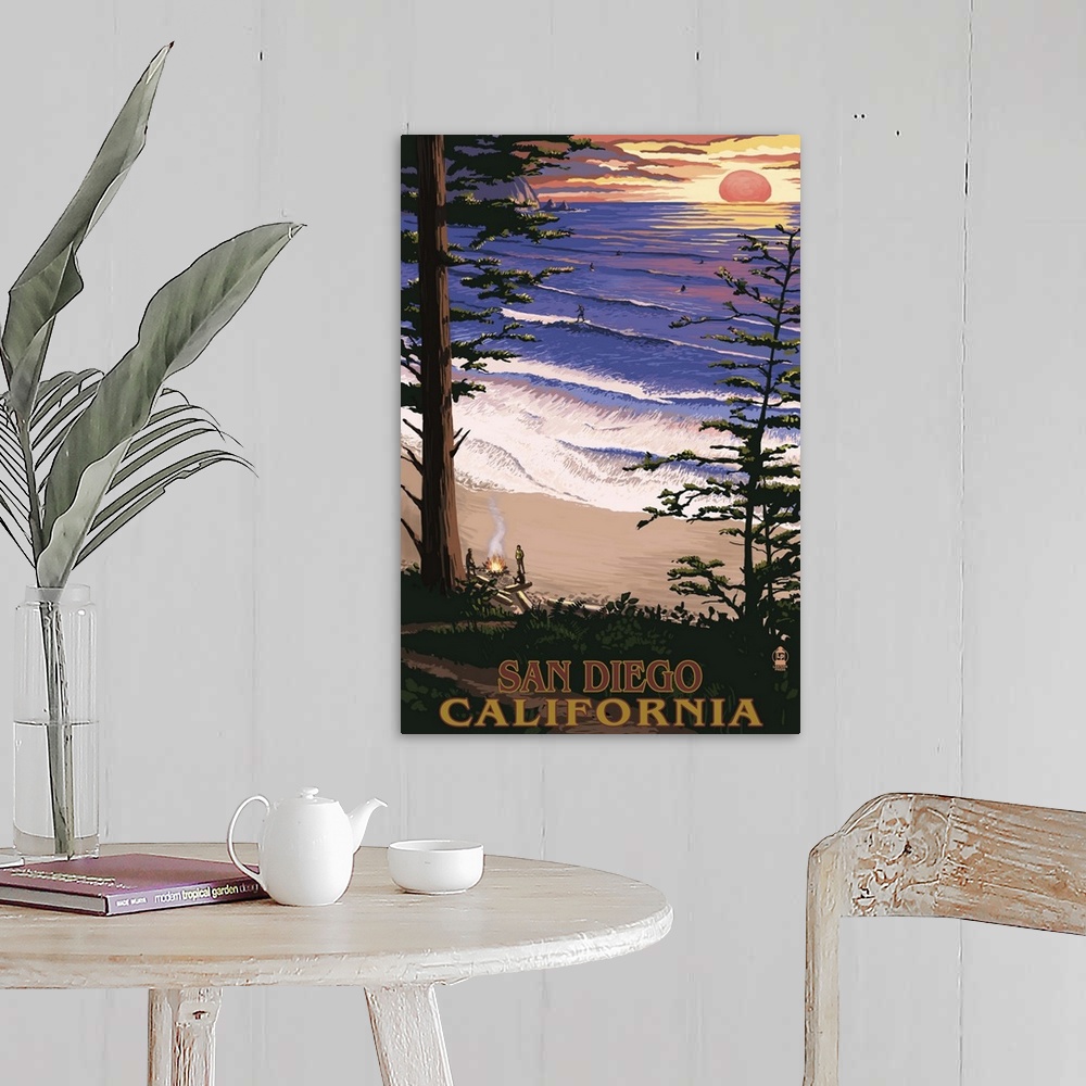 A farmhouse room featuring San Diego, California - Ocean and Sunset: Retro Travel Poster