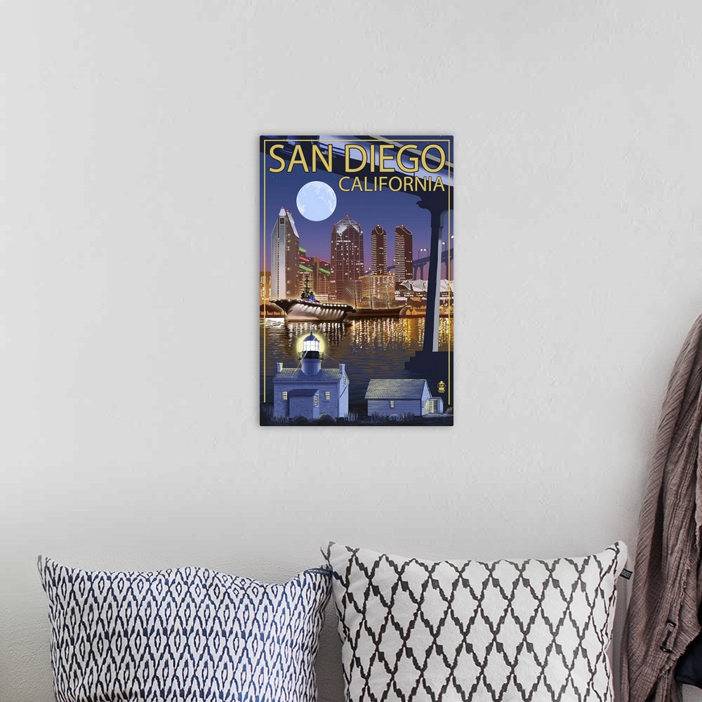 A bohemian room featuring San Diego, California - Skyline at Night: Retro Travel Poster