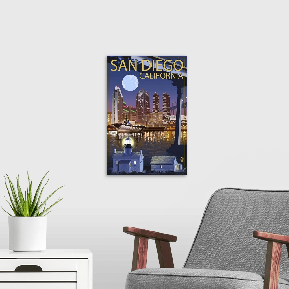 A modern room featuring San Diego, California - Skyline at Night: Retro Travel Poster
