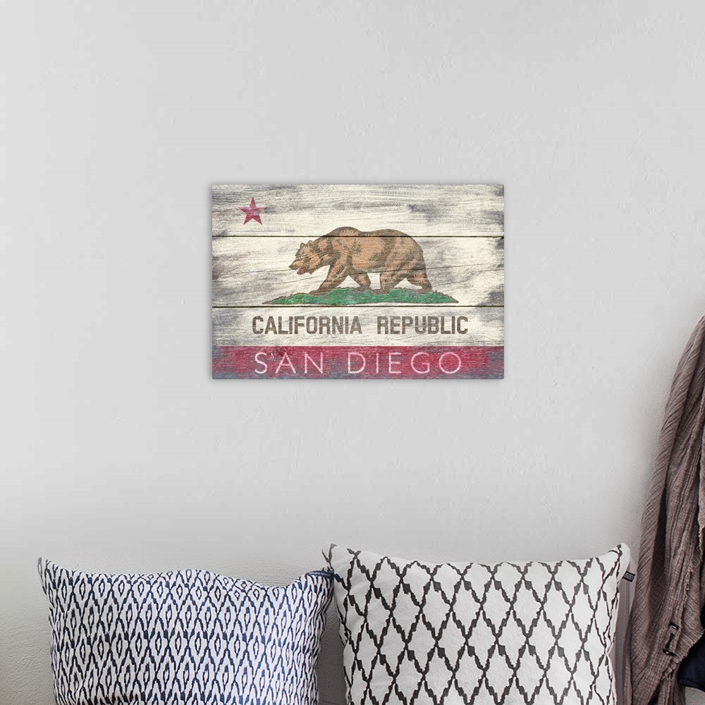 A bohemian room featuring San Diego, California, State Flag, Barnwood Painting