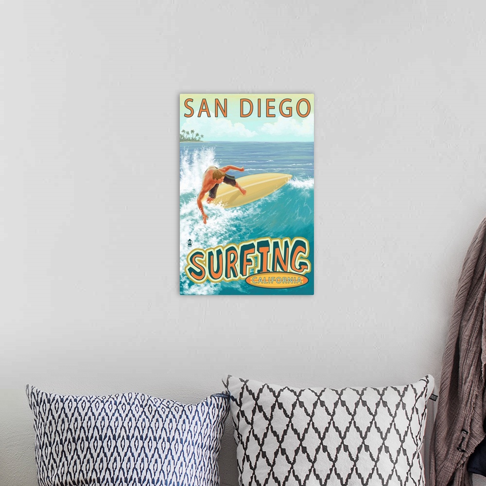 A bohemian room featuring San Diego, California - Surfer Tropical: Retro Travel Poster