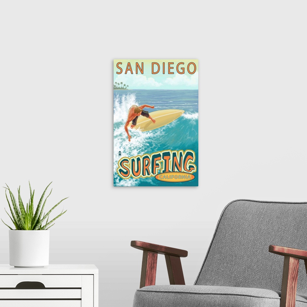 A modern room featuring San Diego, California - Surfer Tropical: Retro Travel Poster