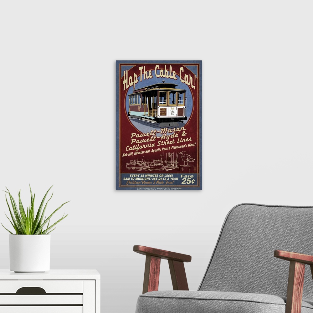 A modern room featuring San Francisco, California - Cable Car Vintage Sign: Retro Travel Poster