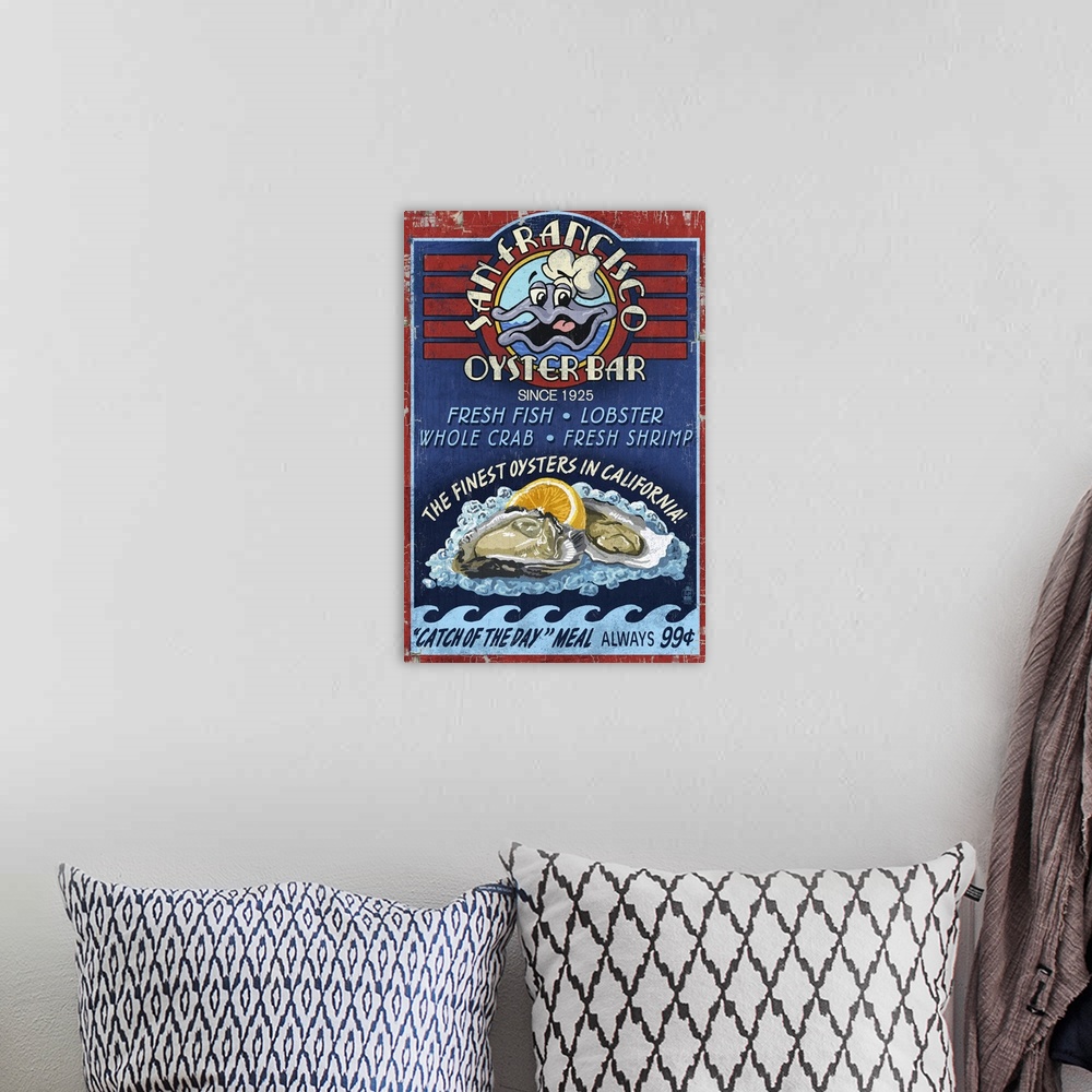 A bohemian room featuring San Francisco, California - Oyster Bar Vintage Sign: Retro Travel Poster