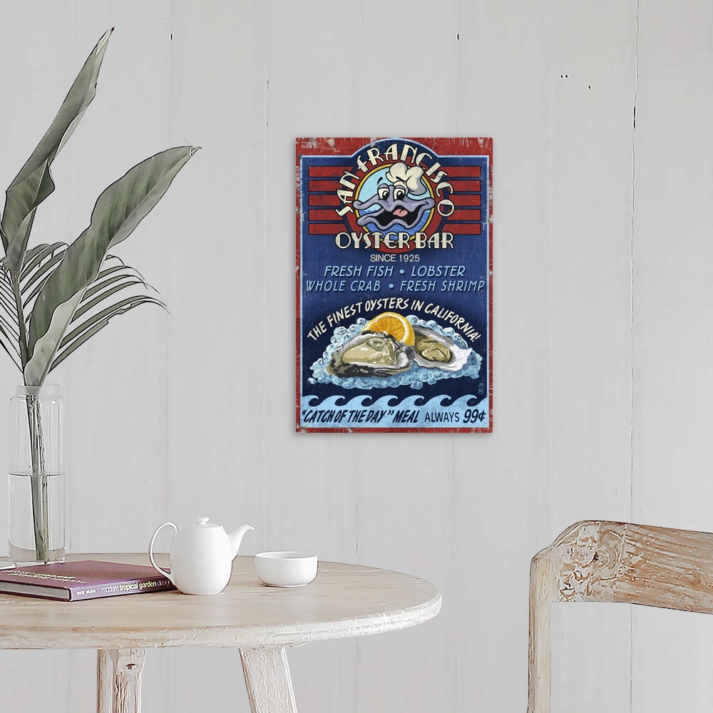 A farmhouse room featuring San Francisco, California - Oyster Bar Vintage Sign: Retro Travel Poster