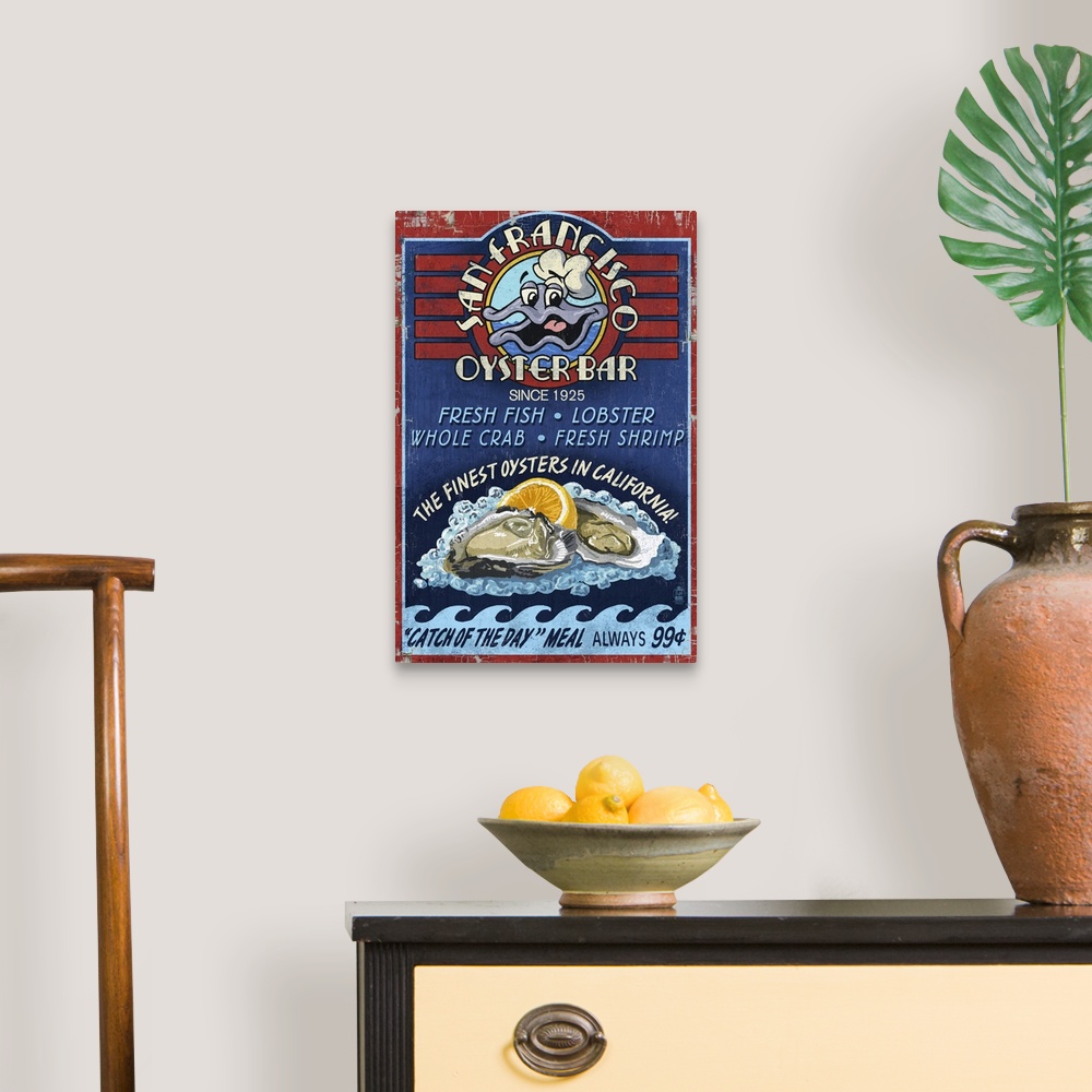 A traditional room featuring San Francisco, California - Oyster Bar Vintage Sign: Retro Travel Poster