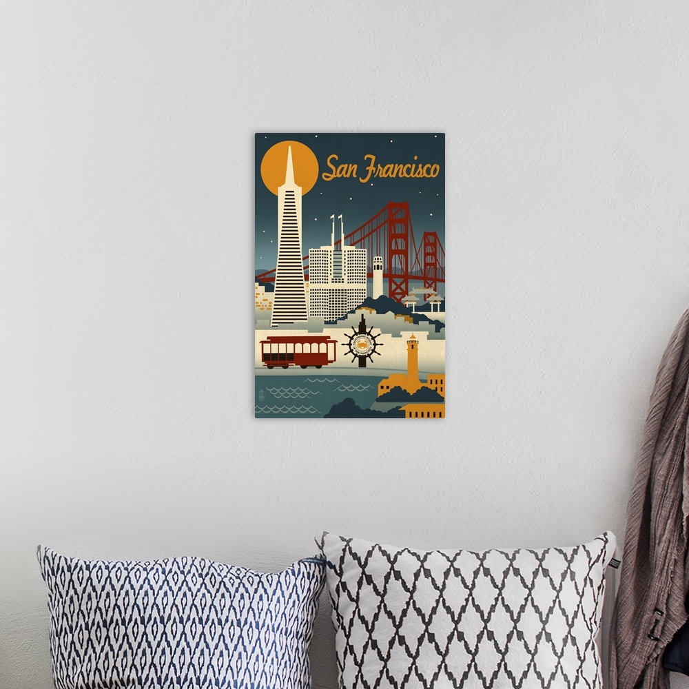 A bohemian room featuring San Francisco, California - Retro Skyline: Retro Travel Poster