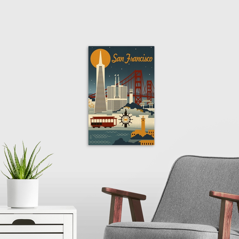 A modern room featuring San Francisco, California - Retro Skyline: Retro Travel Poster