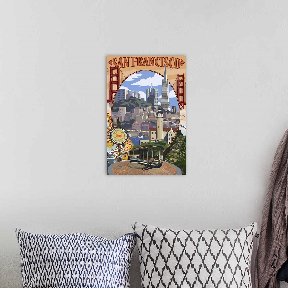 A bohemian room featuring San Francisco, California Scenes: Retro Travel Poster