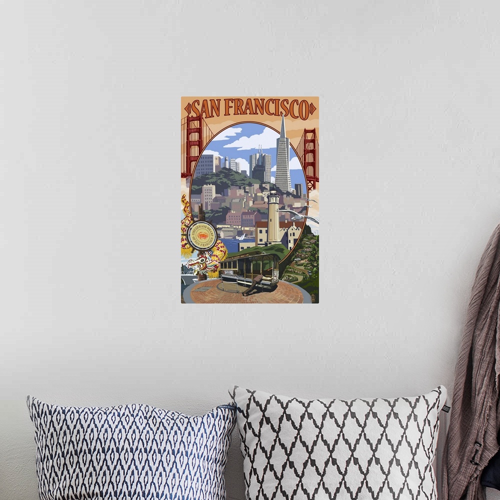 A bohemian room featuring San Francisco, California Scenes: Retro Travel Poster