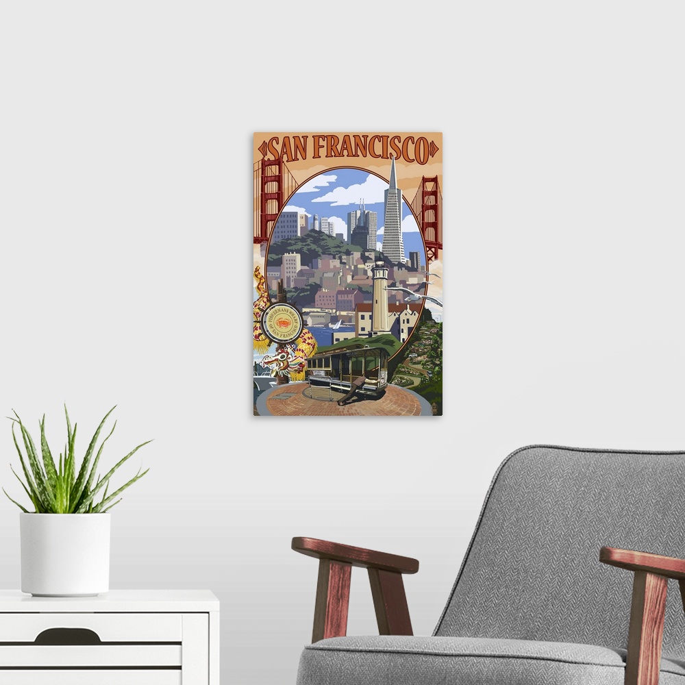 A modern room featuring San Francisco, California Scenes: Retro Travel Poster