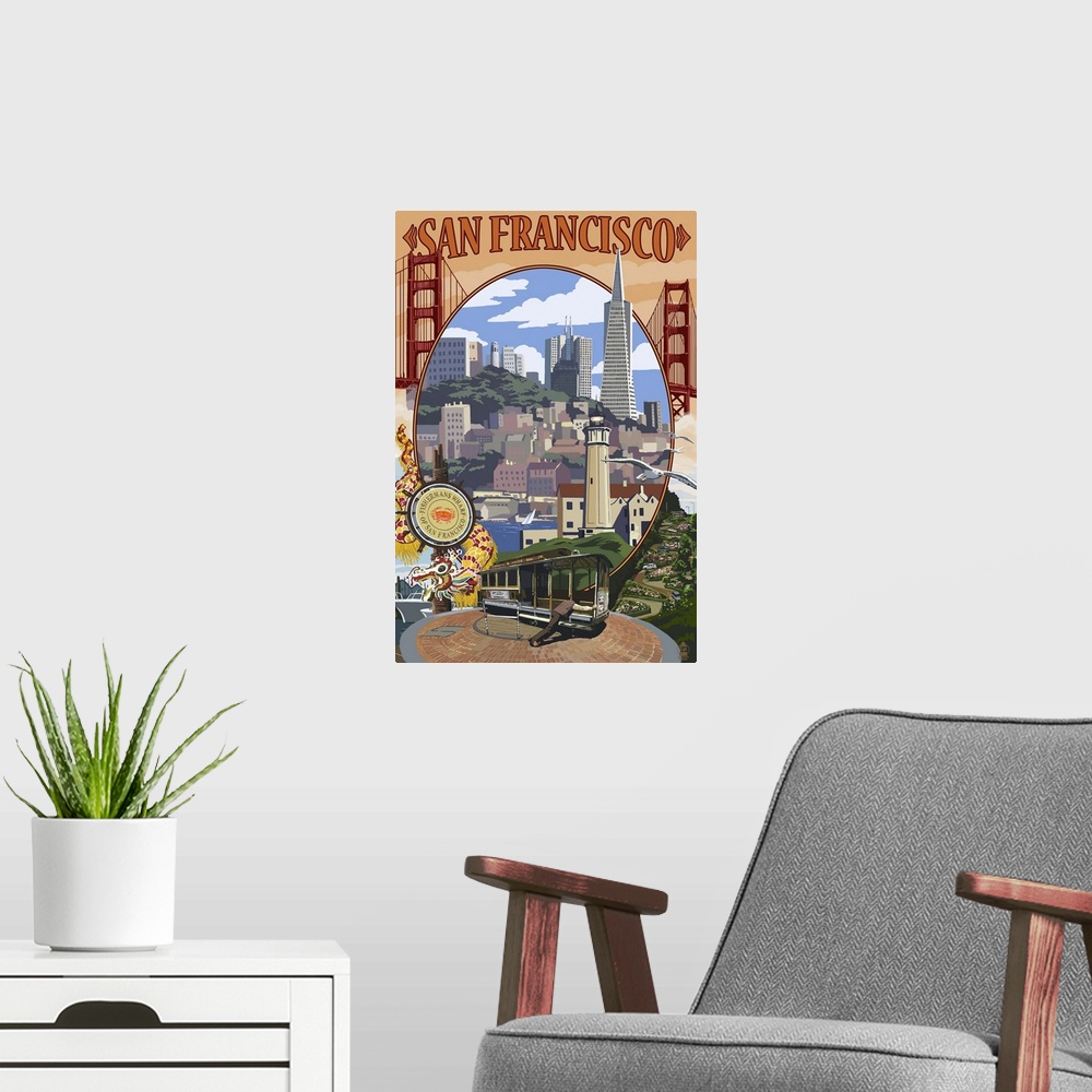 A modern room featuring San Francisco, California Scenes: Retro Travel Poster