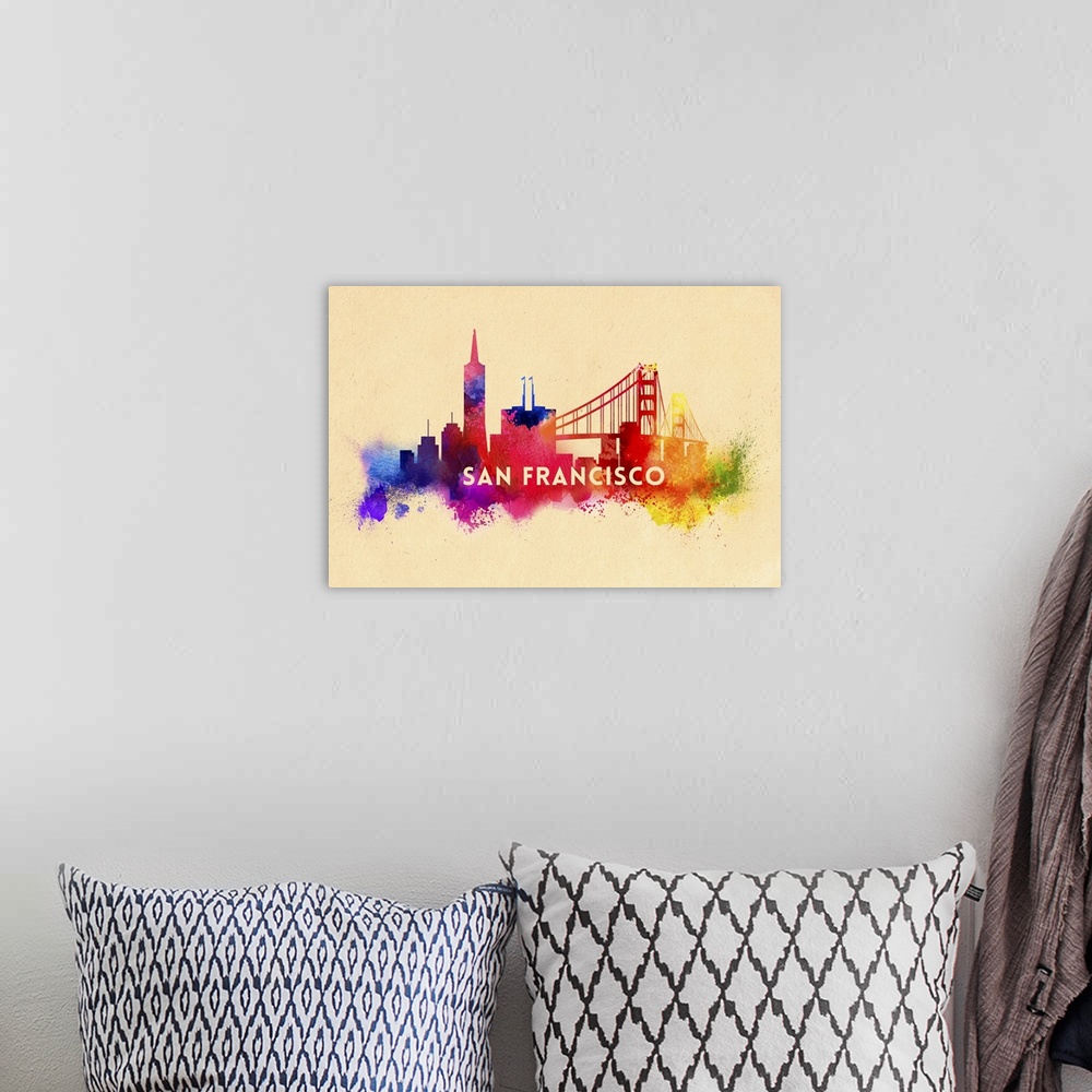 A bohemian room featuring San Francisco, California, Skyline, Abstract Watercolor Artwork
