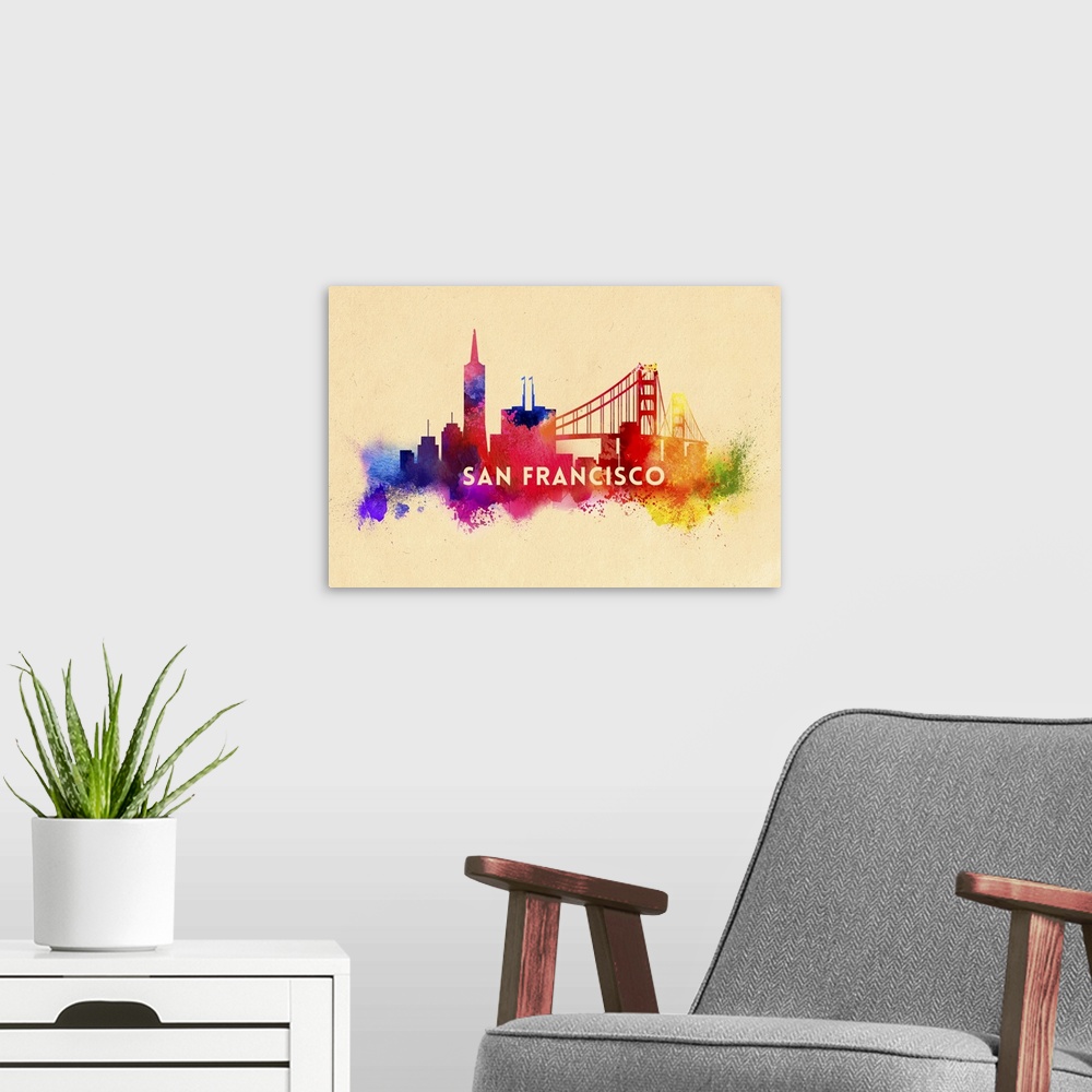 A modern room featuring San Francisco, California, Skyline, Abstract Watercolor Artwork