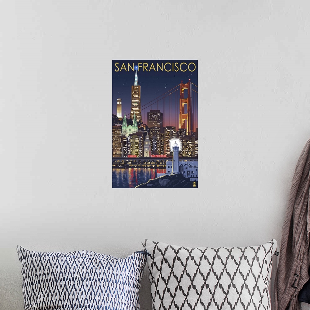 A bohemian room featuring San Francisco, California Skyline at Night: Retro Travel Poster