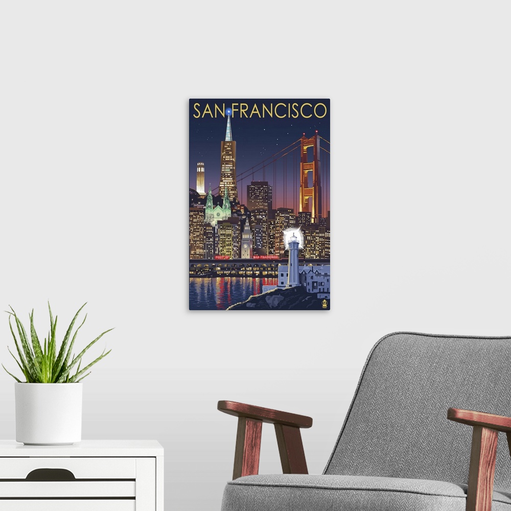 A modern room featuring San Francisco, California Skyline at Night: Retro Travel Poster