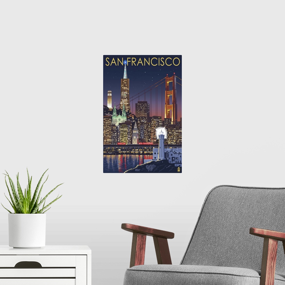 A modern room featuring San Francisco, California Skyline at Night: Retro Travel Poster