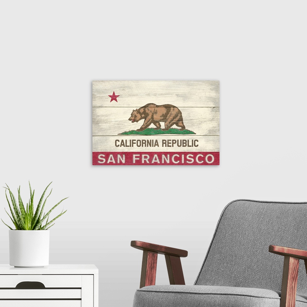 A modern room featuring San Francisco, California - State Flag - Rustic
