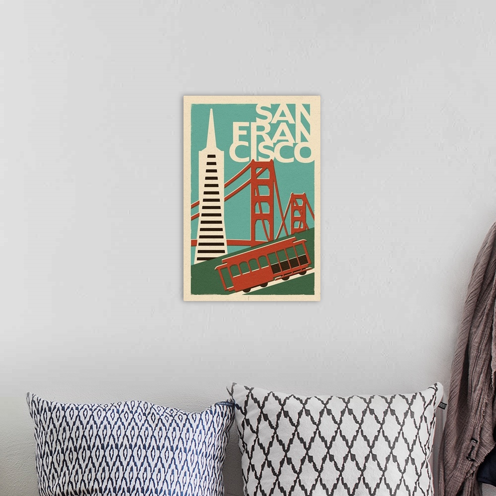 A bohemian room featuring San Francisco, California - Woodblock: Retro Travel Poster