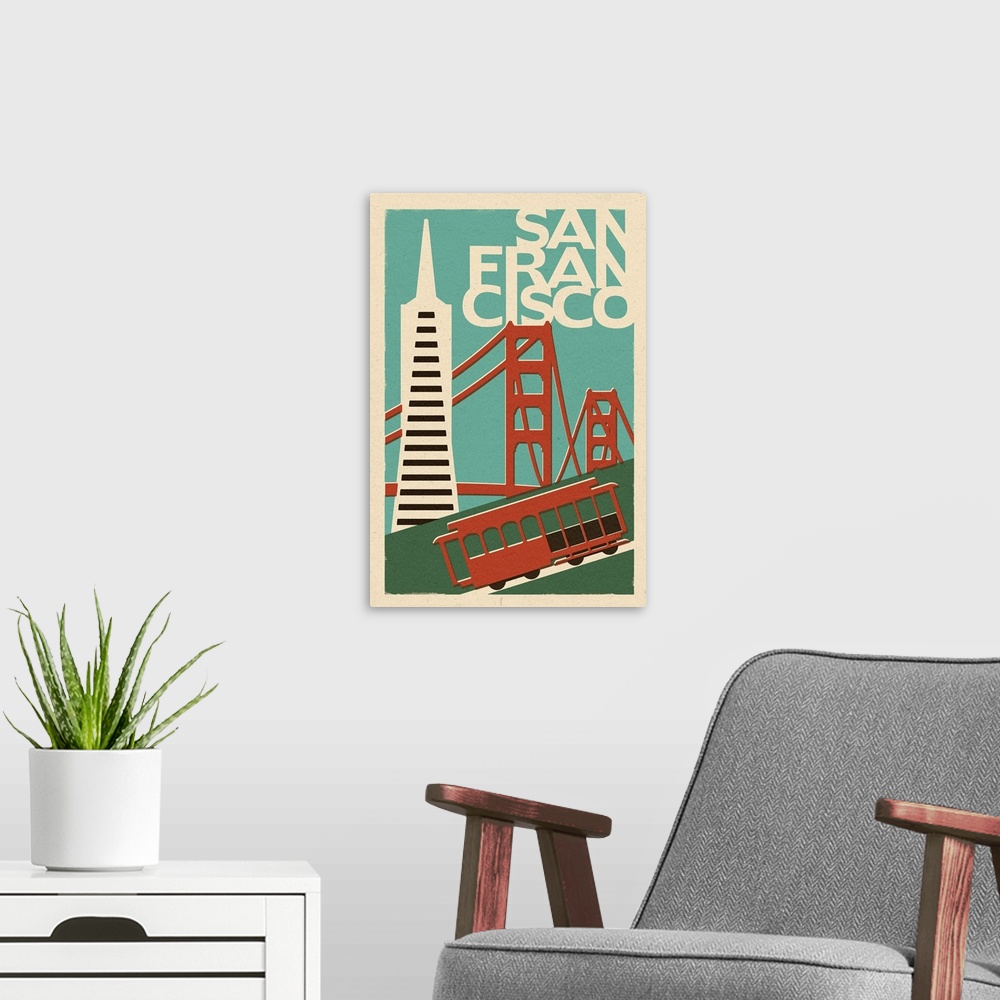 A modern room featuring San Francisco, California - Woodblock: Retro Travel Poster