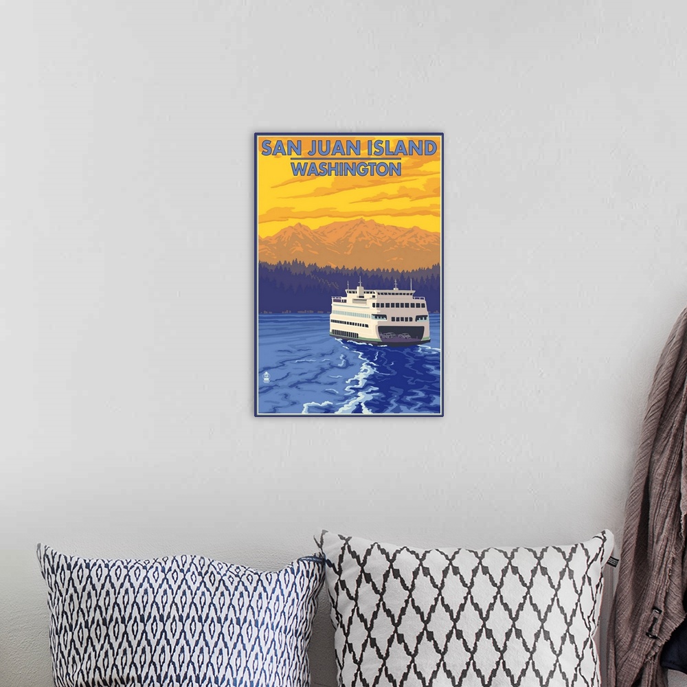A bohemian room featuring San Juan Island, Washington - Ferry and Mountains: Retro Travel Poster
