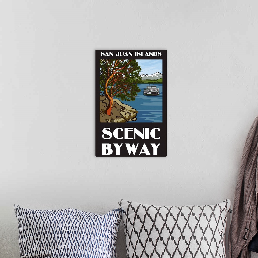 A bohemian room featuring San Juan Islands Scenic Byway, Washington - Official Logo: Retro Travel Poster