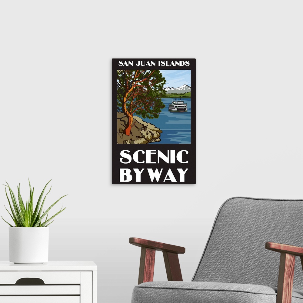 A modern room featuring San Juan Islands Scenic Byway, Washington - Official Logo: Retro Travel Poster