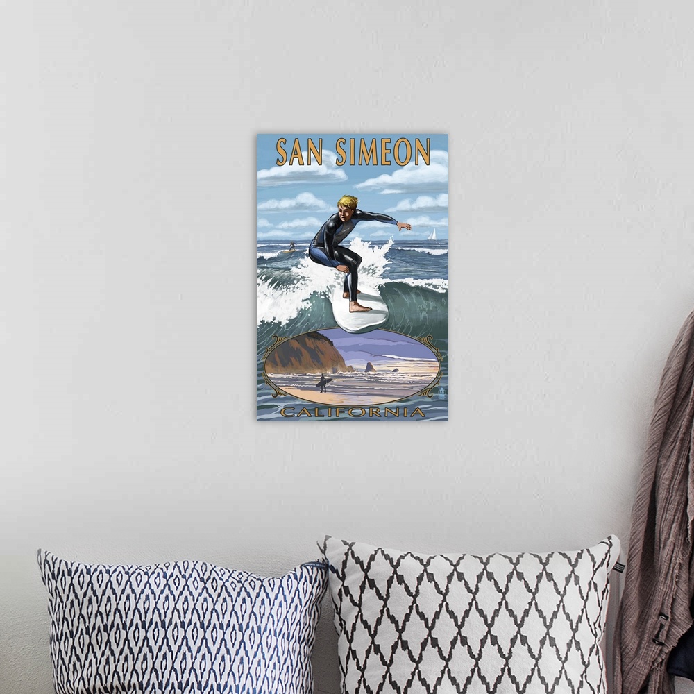 A bohemian room featuring San Simeon, CA - Surfer with Inset -  : Retro Travel Poster