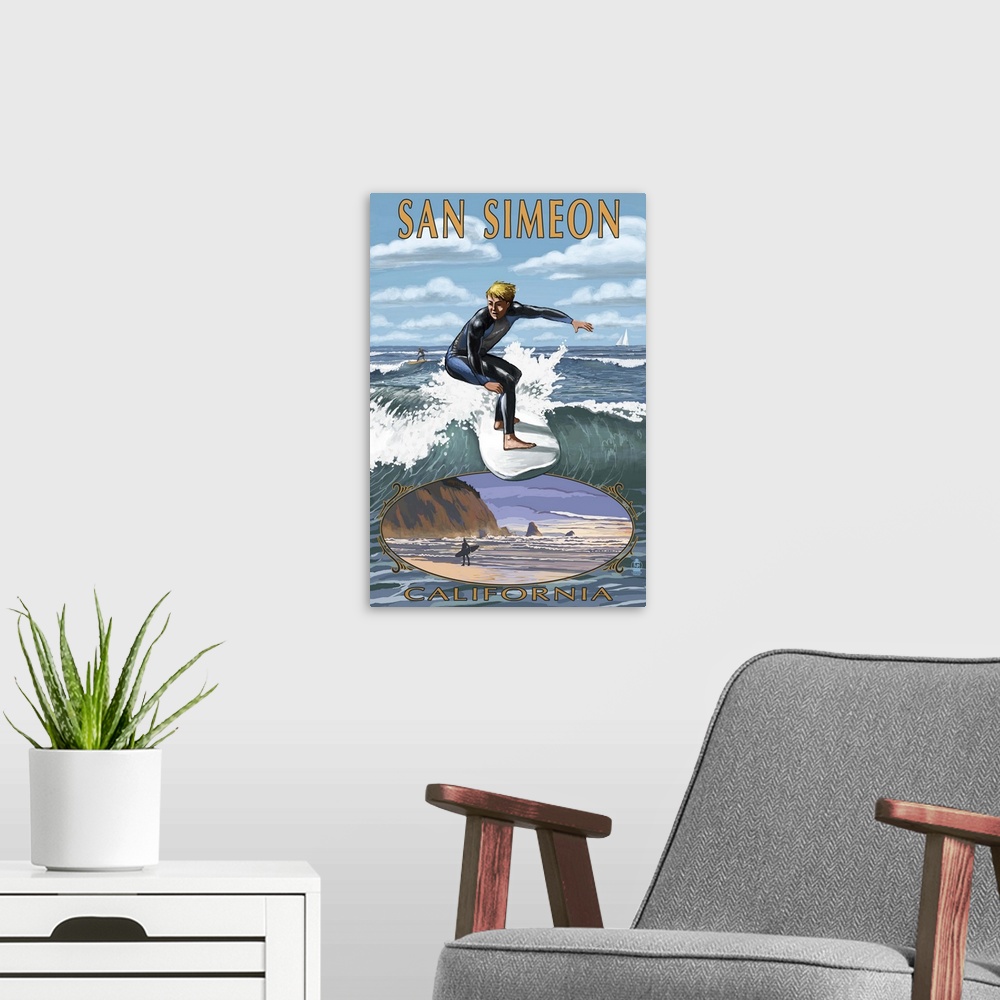 A modern room featuring San Simeon, CA - Surfer with Inset -  : Retro Travel Poster