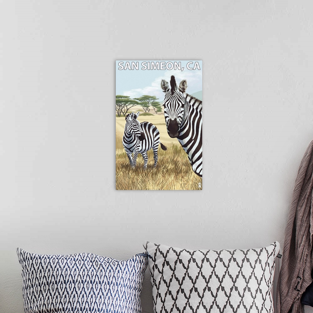 A bohemian room featuring San Simeon, CA - Zebra Scene -  : Retro Travel Poster