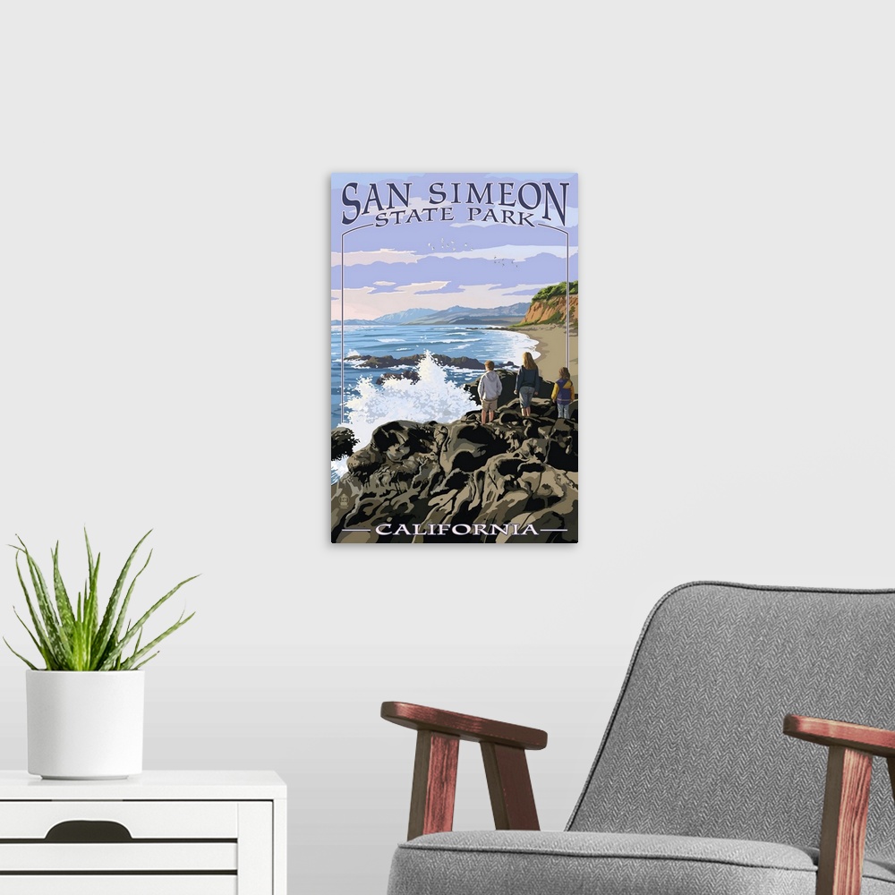 A modern room featuring Retro stylized art poster of a group of people standing on rocks looking out over the ocean.